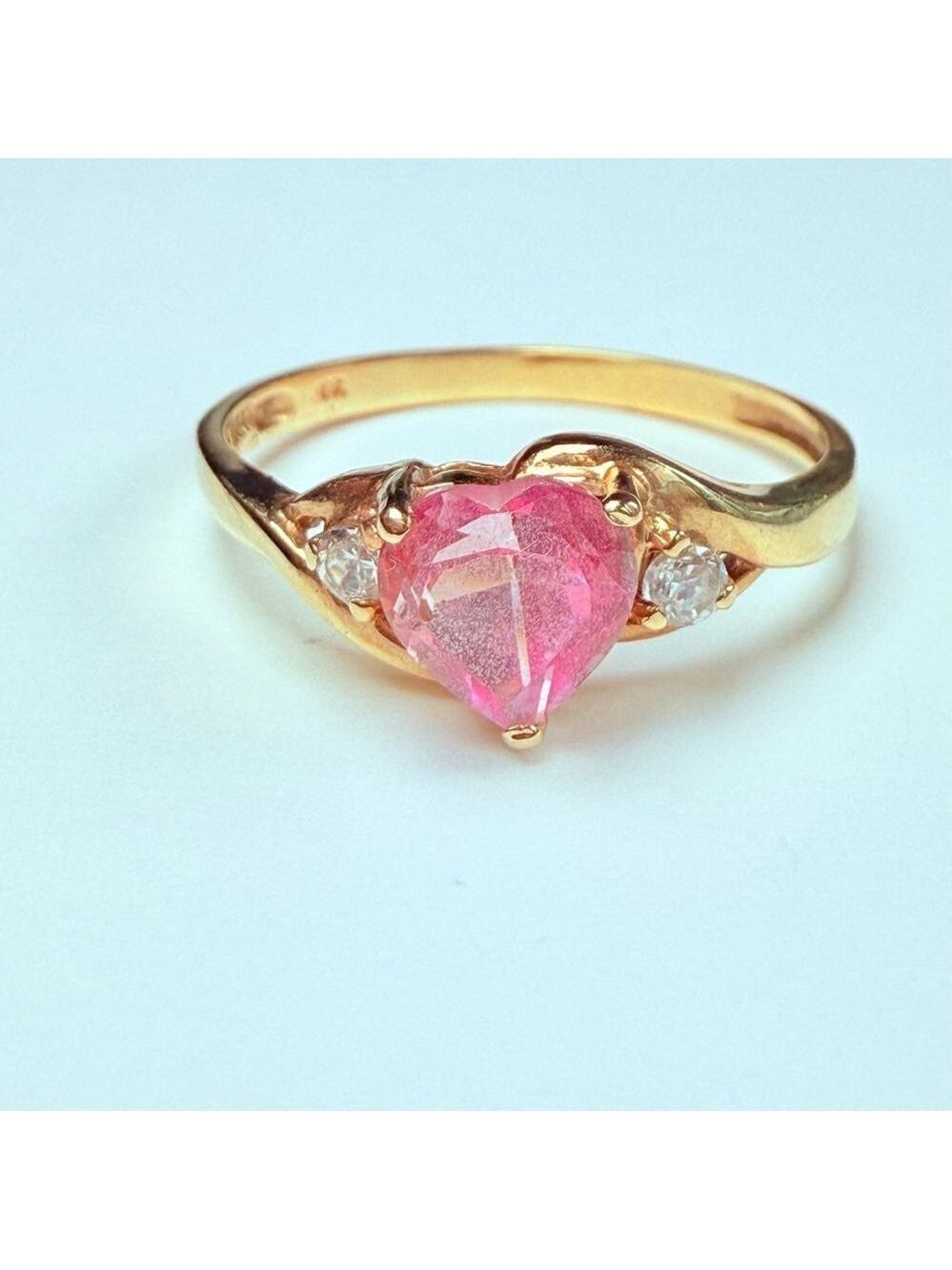 10k Solid Yellow Gold 1 Ct Pink Topaz Heart & Cubic Zirconia Cz Vintage Ring